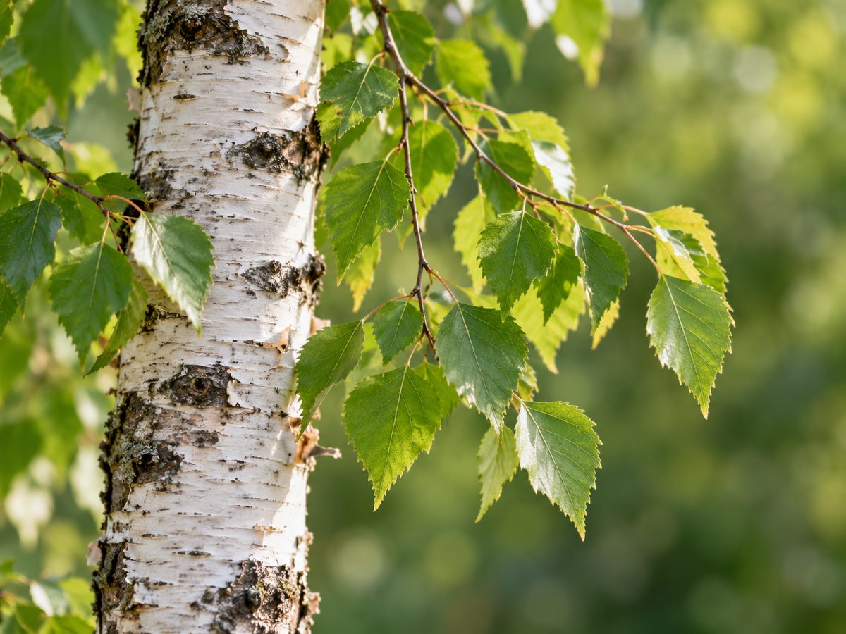Illustration of a birch trunk and leaves